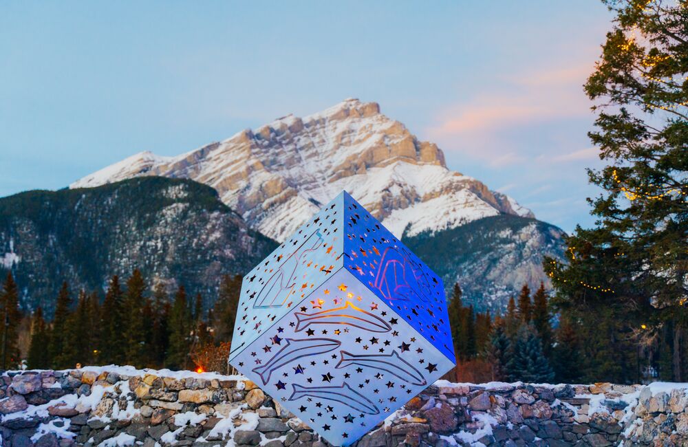 The In Search of Christmas Spirit cube sits in the Cascade of Time Garden with Cascade Mountain in the background.